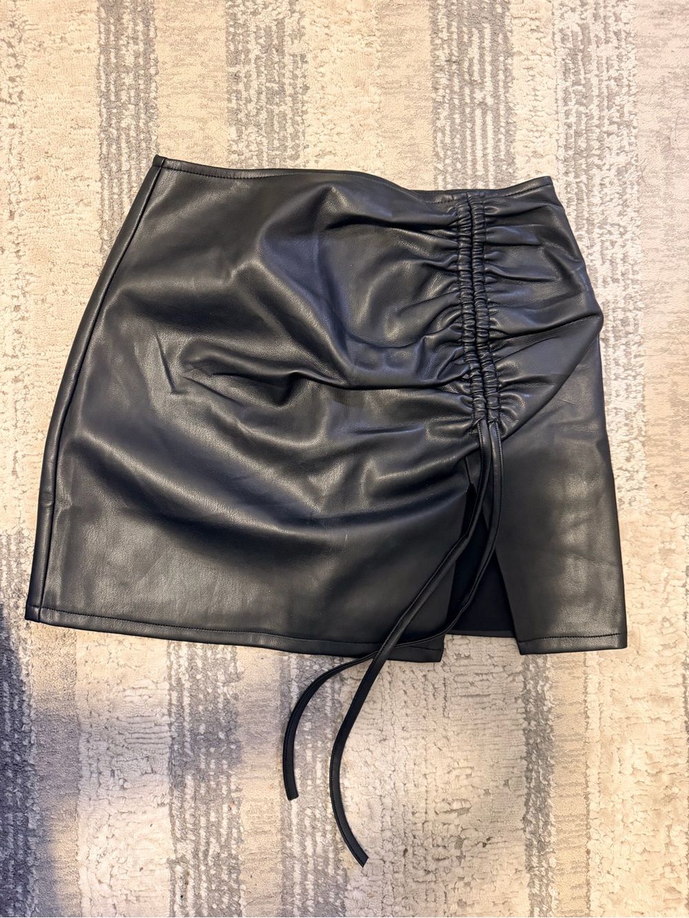 Women's Black Faux Leather Ruched Mini Skirt with Side Tie